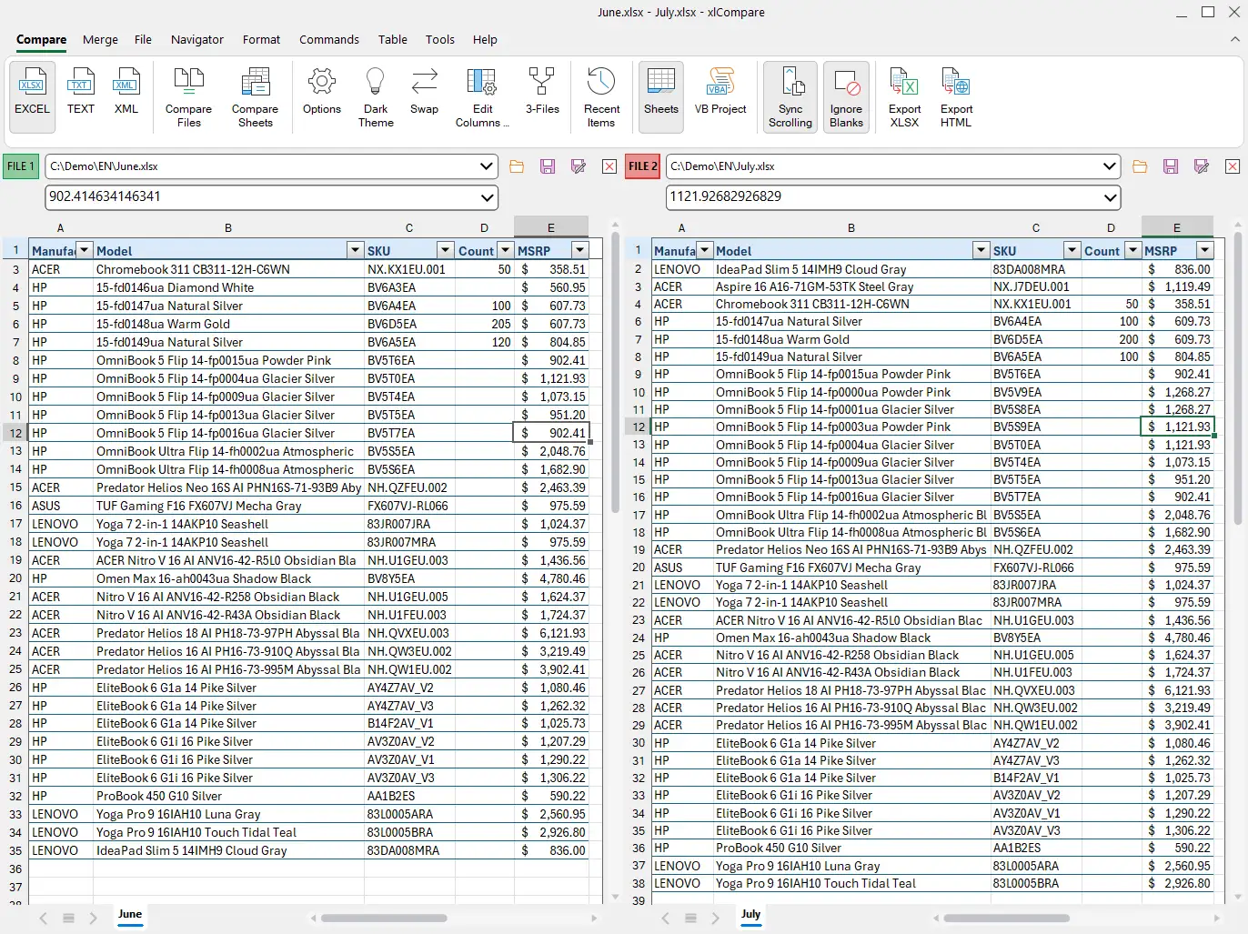 將兩個 XLSX 檔案拖入 xlCompare