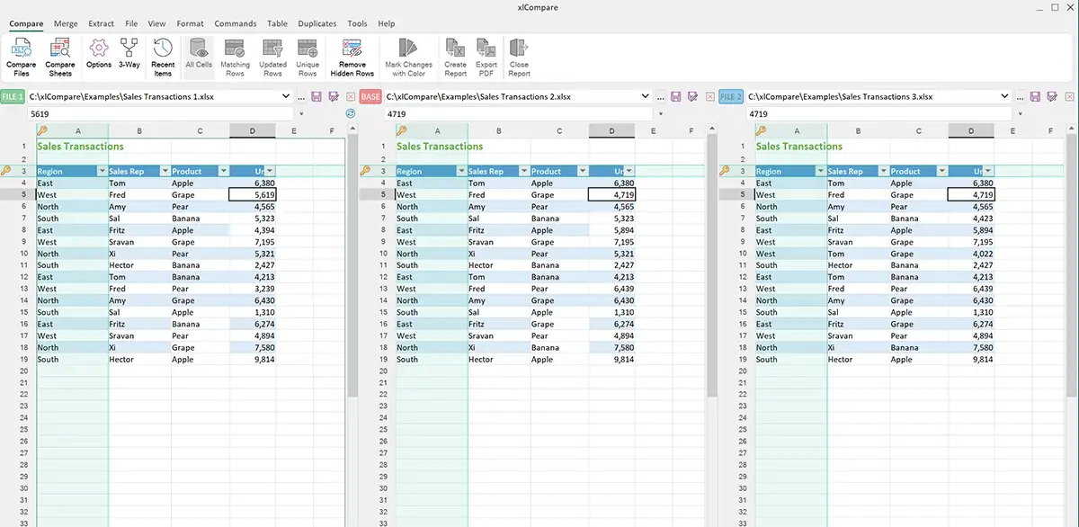 在 xlCompare 中開啟的 3 個 Excel 檔案