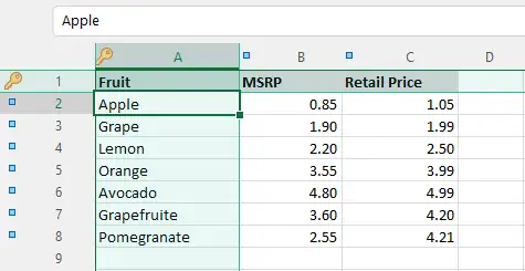 帶關鍵列標記的 Excel 工作表