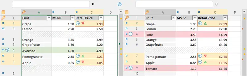 帶關鍵列的 Excel 工作表對比
