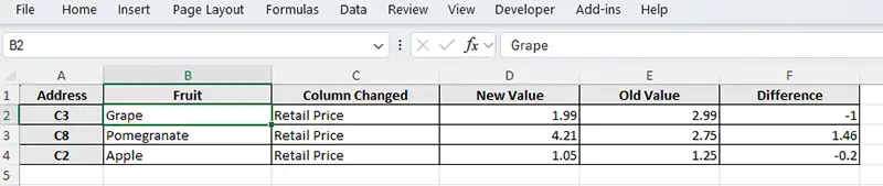 含變更清單的 XLSX 報告