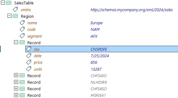 XML 檔案中關鍵屬性的示例